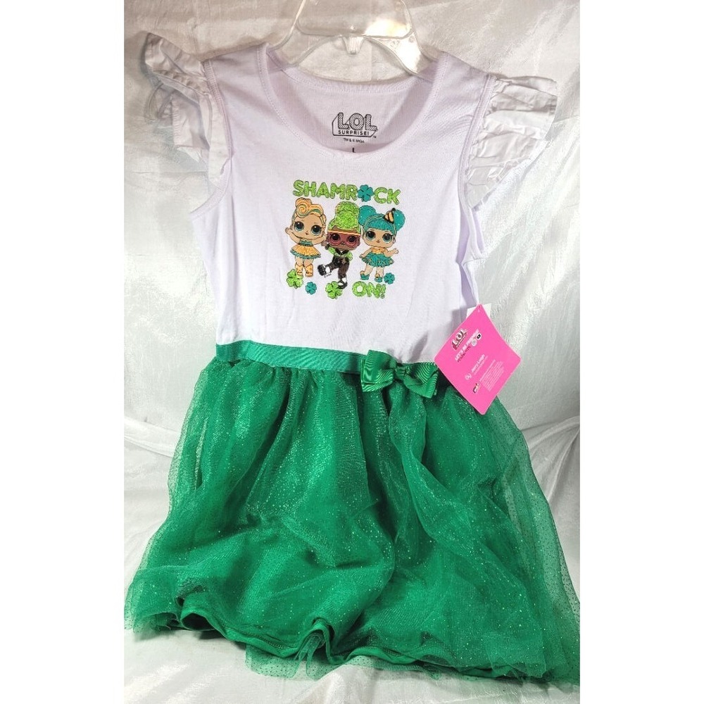 LOL Surprise Girl's Shamrock On Green & White Sparkle Dress - Size L (10/12)
